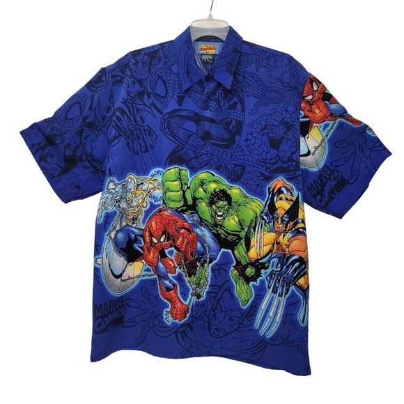 Vintage Marvel Comic Men Shirt XL Short Sleeve Retro Festival Y2K Hawaiian Aloha - Picture 1 of 8